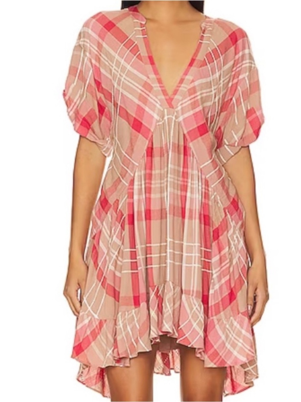 Free People Agnes Mini Dress- Women's Pink Plaid V-Neck Flow Dress